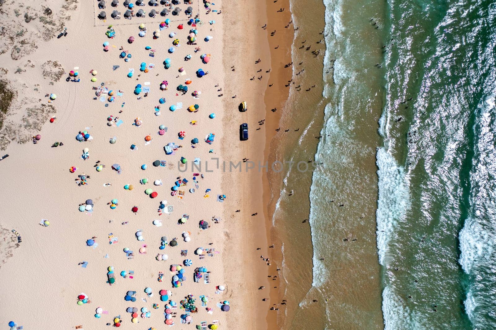 Overhead drone shot of anonymous tourists and parasols on sandy seashore. Directly above view of people enjoying summer vacations at beach during sunny day
