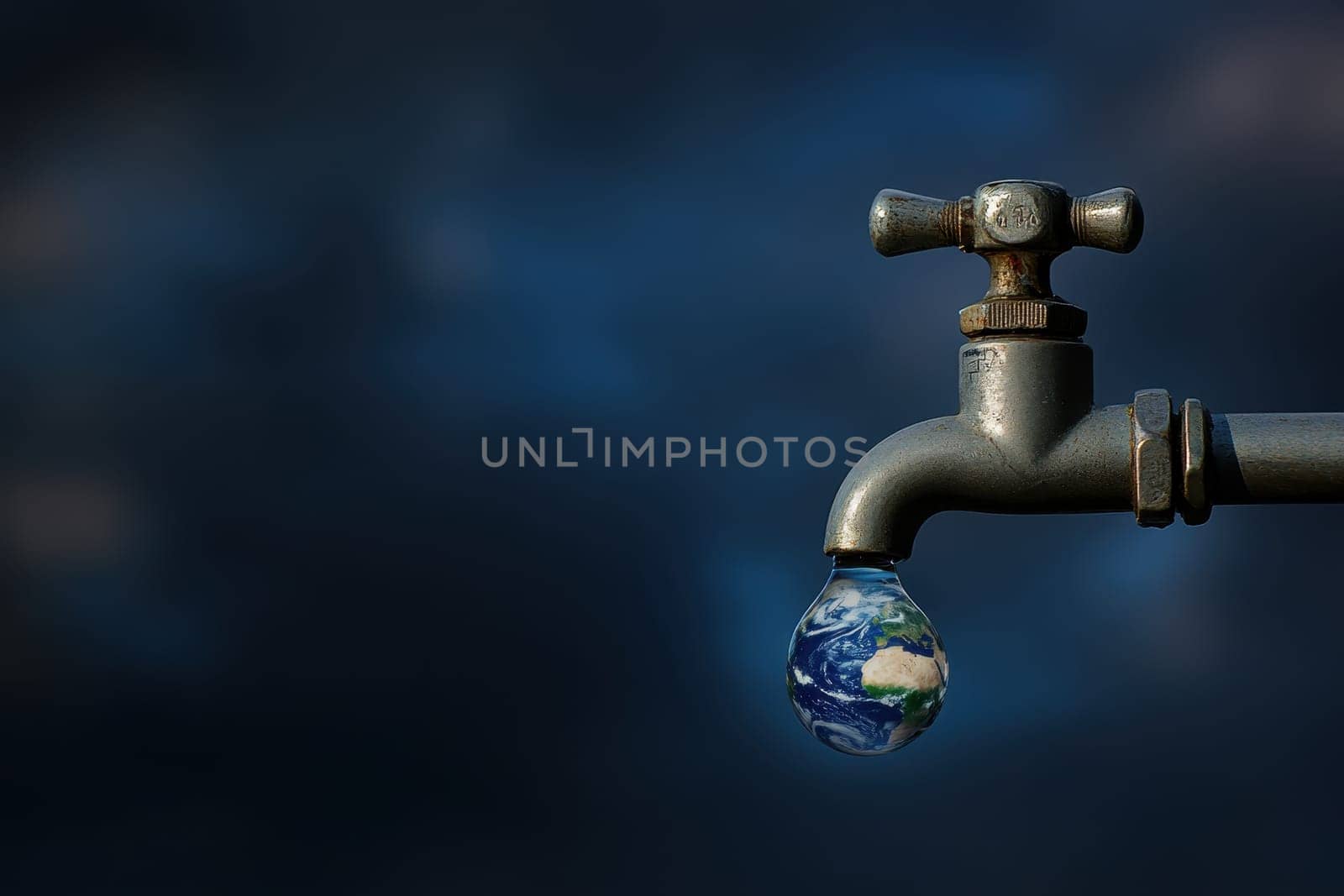 A captivating image of Earth inside a water droplet hanging from a faucet, symbolizing the need for water conservation and environmental awareness.