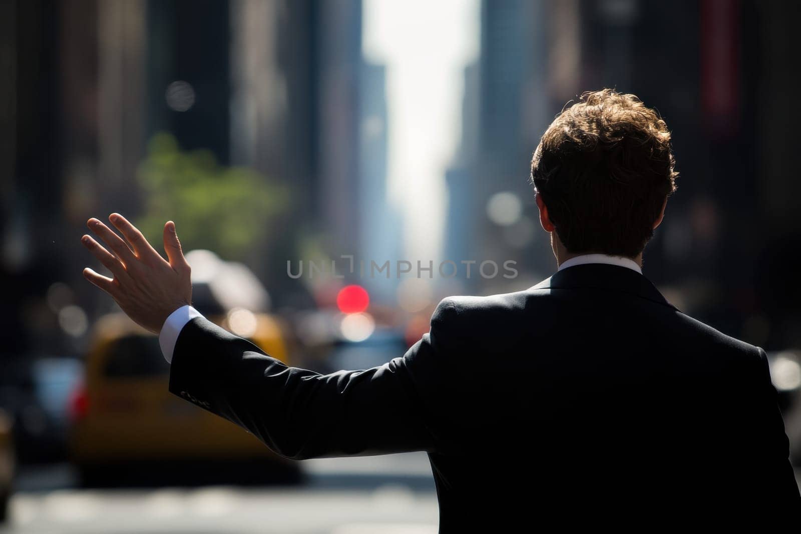 A businessman stands on a bustling urban street, raising his hand to hail a taxi. The tall buildings and bright city lights create a vibrant atmosphere, showcasing a typical urban lifestyle.