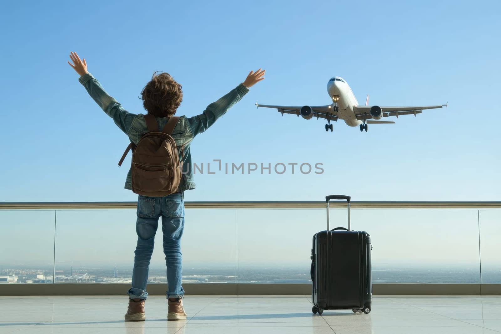 A child stands at an airport terminal with arms raised, watching an airplane take off in the clear blue sky. This moment captures joy, excitement, and the magic of travel.