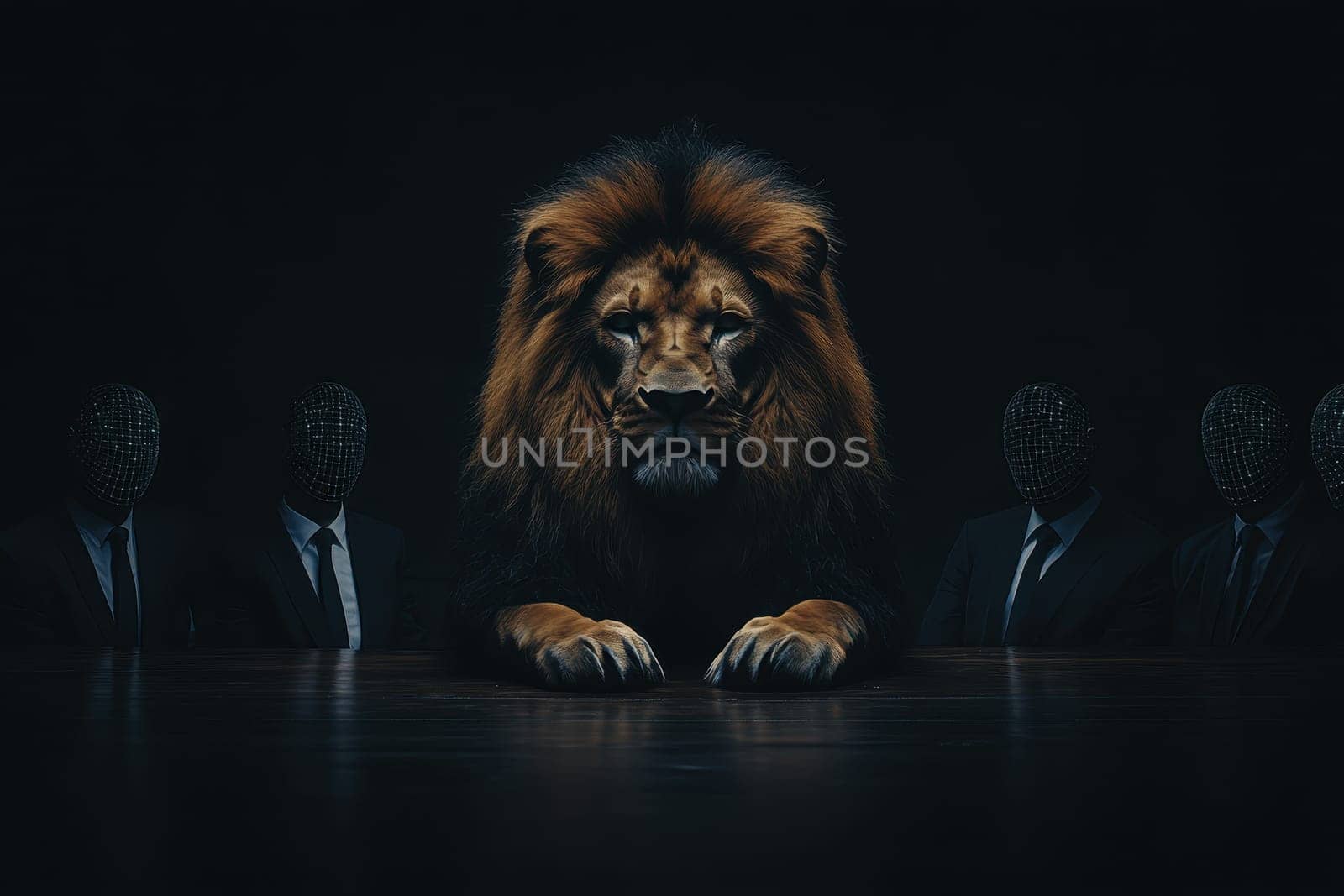 A stunning artistic representation features a majestic lion seated at a dimly lit table, surrounded by faceless figures, evoking themes of power, mystery, and authority. The dramatic scene plays with contrasts and emotions.
