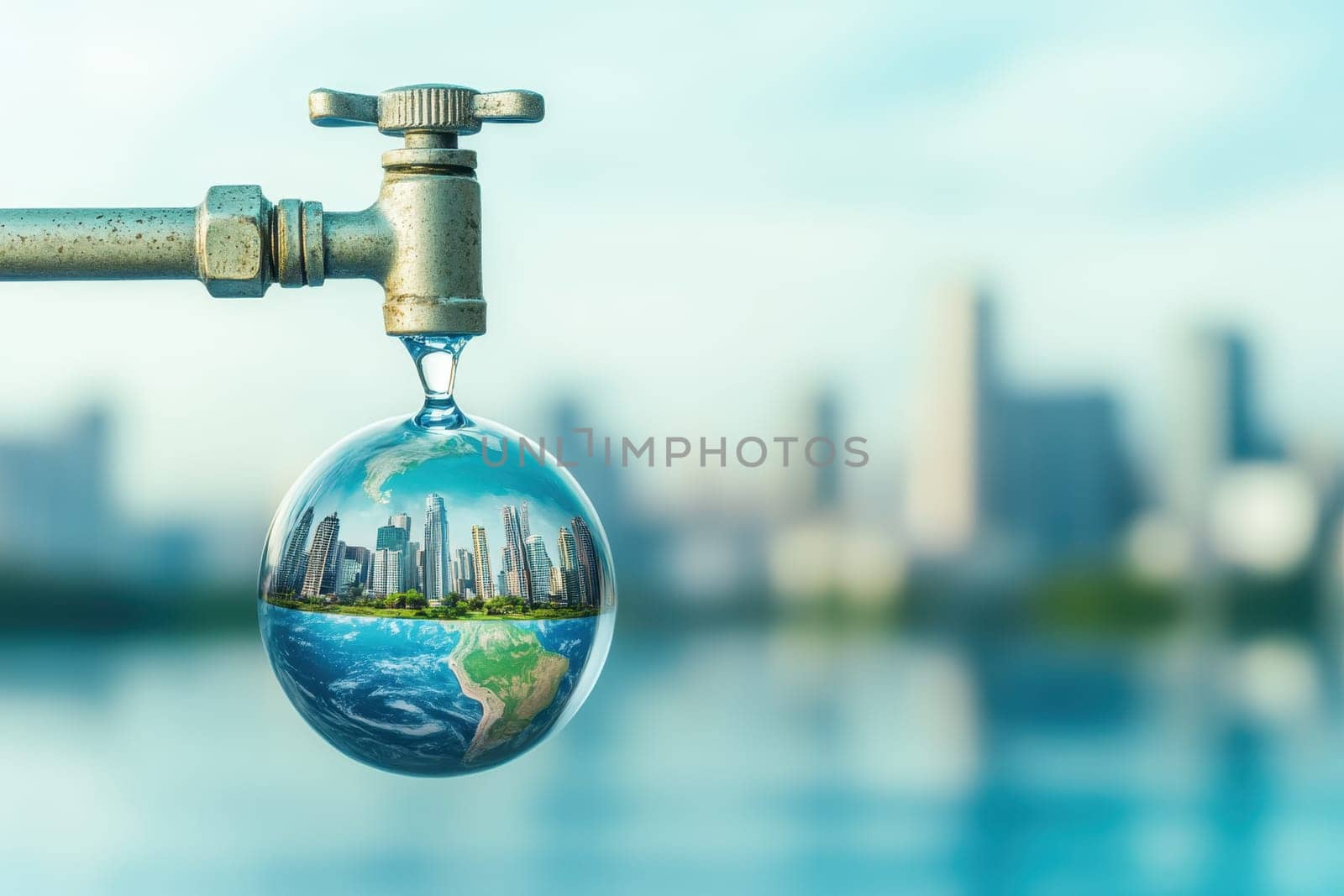 A stunning image featuring a water drop in the shape of a globe, showcasing a blend of vibrant cityscape and beautiful nature, symbolizing environmental balance.