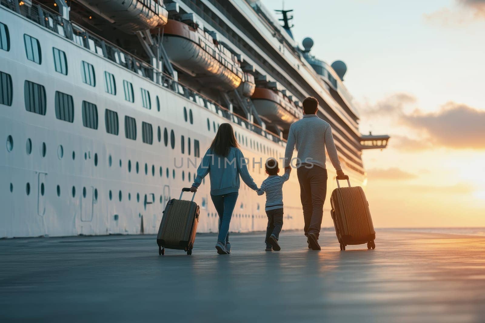 A family strolls towards a grand cruise ship during a beautiful sunset, each carrying luggage. This scene captures the joy of togetherness and adventure.