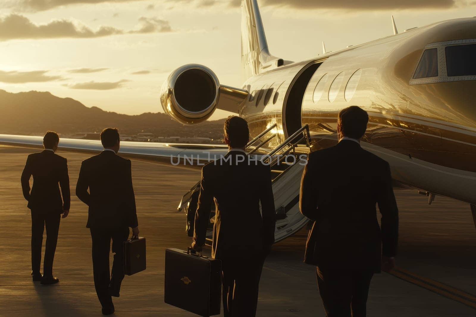 A group of business professionals in suits walk towards a private jet, signaling a journey of success and luxury against a stunning sunset backdrop.