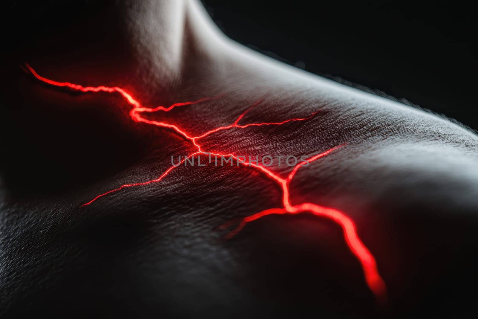 Captivating close-up image showcasing a dramatic red lightning effect on human skin, creating a striking visual of energy and tension against a dark backdrop.