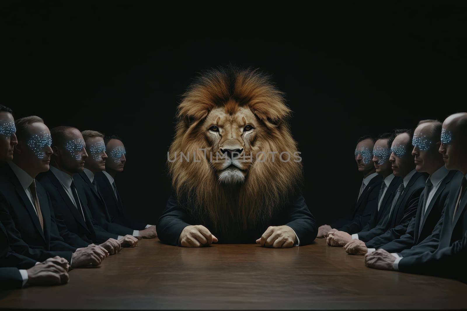 A striking image depicting a lion's head at a corporate meeting table, surrounded by businessmen. This surreal scene combines power and leadership themes.
