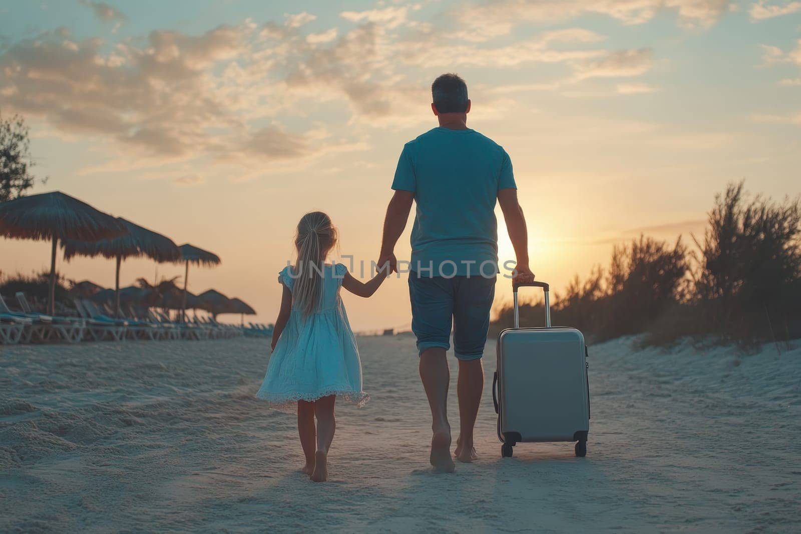 A heartwarming scene of a father and daughter walking hand in hand along a sandy beach at sunset, capturing a moment of connection and adventure.