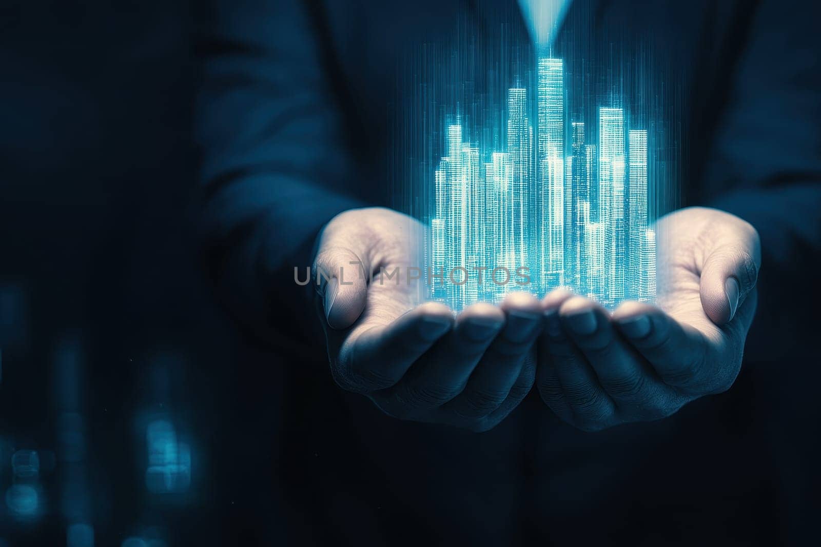 Hands holding a digital representation of an urban landscape, symbolizing technological advancement and innovation in city development and smart growth solutions.