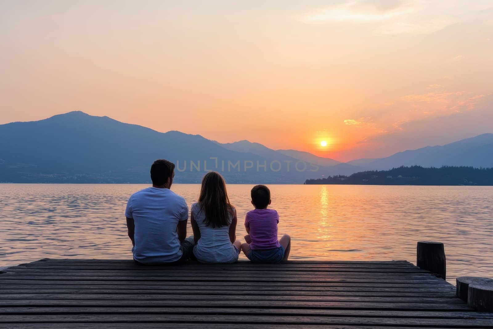 A family sits on a wooden pier, enjoying a breathtaking sunset over the lake. The silhouettes against the colorful sky evoke feelings of serenity and togetherness.