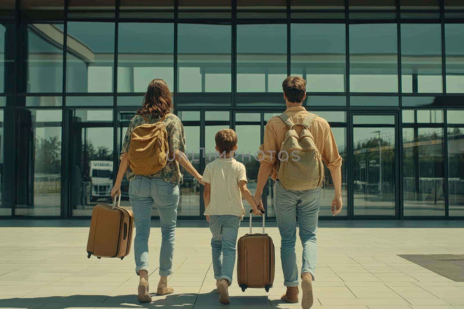 A family walks hand in hand towards a modern airport terminal, each carrying luggage. The scene captures the essence of travel, adventure, and togetherness.