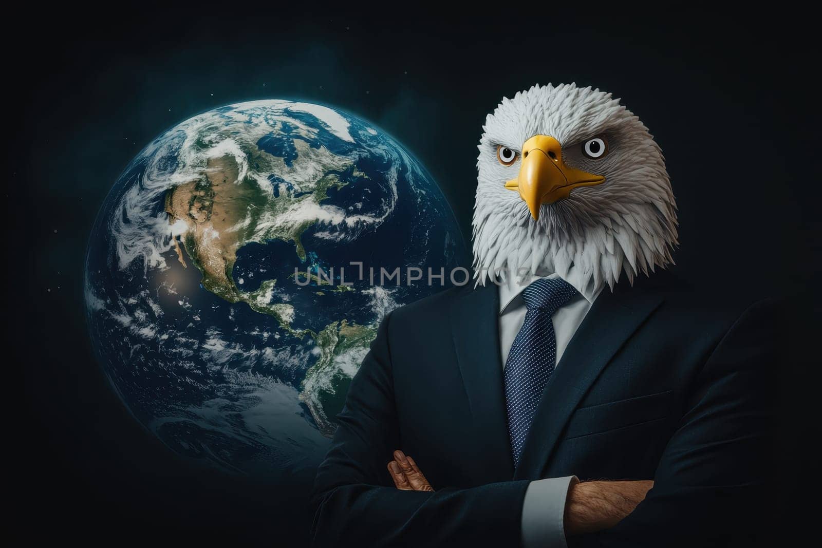 A stunning illustration of a businessman with an eagle head, standing confidently against a backdrop of the Earth. This image symbolizes leadership, nature, and innovation.