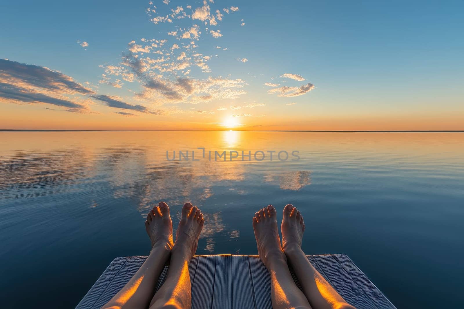 Enjoy a tranquil sunset over calm waters, featuring two pairs of feet resting on a dock, symbolizing relaxation and connection in nature's beauty.