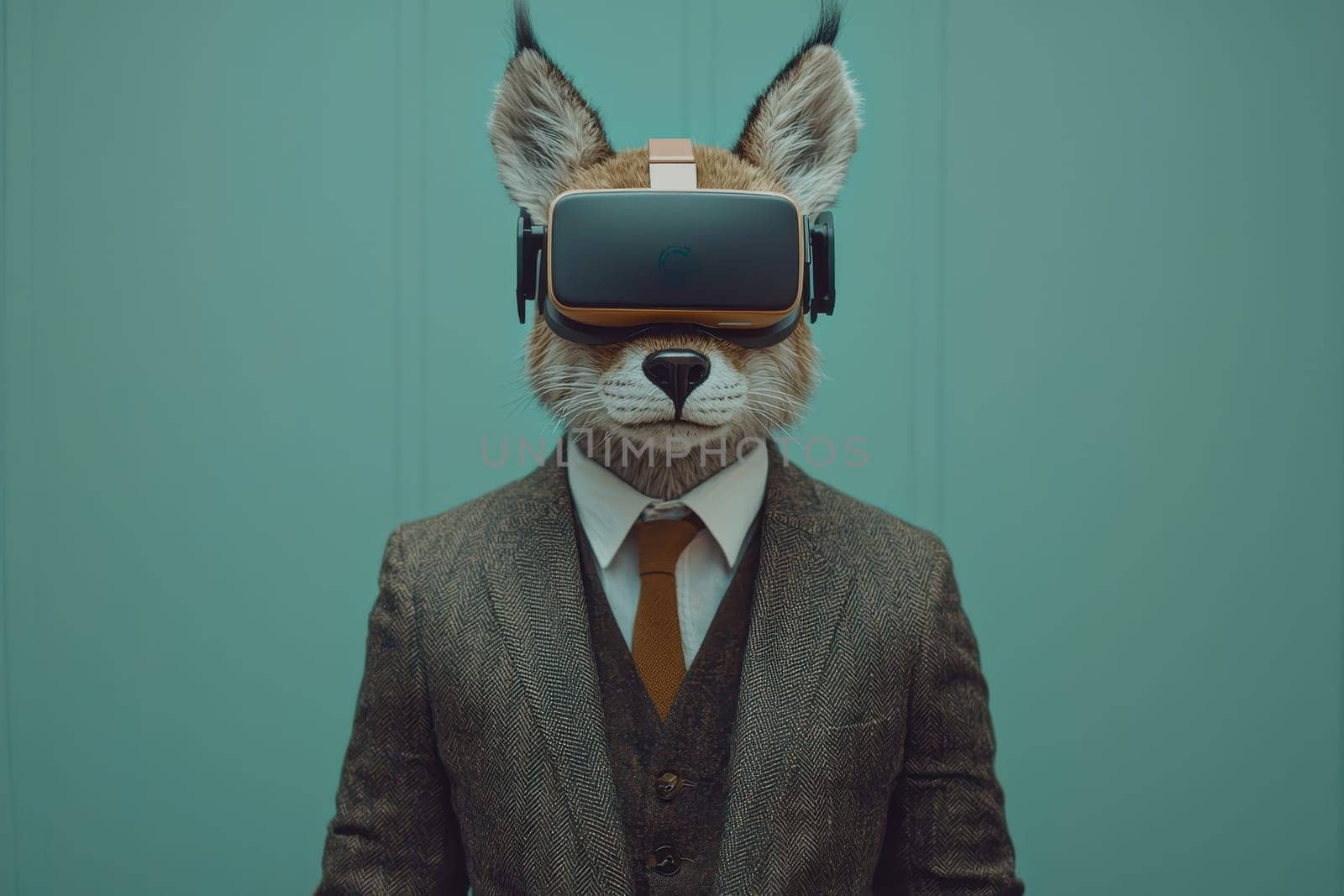 An anthropomorphic fox character wearing a virtual reality headset stands confidently in a stylish suit, blending the worlds of technology and creativity in a unique portrait.