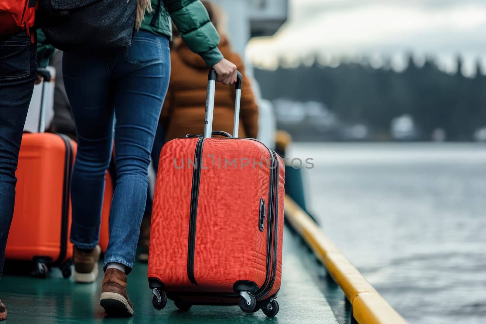 A woman walks with an orange suitcase towards a ferry, ready for an exciting travel adventure across the water. The scene captures a cool day filled with anticipation.