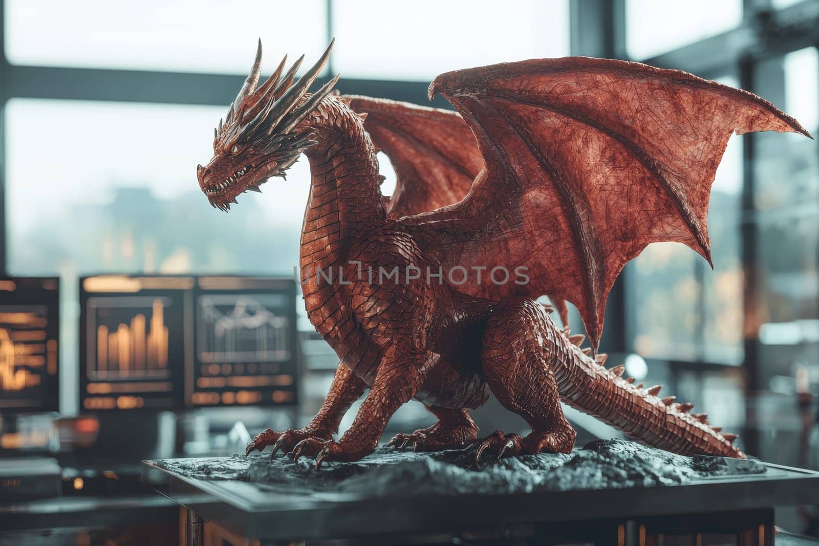 A striking red dragon sculpture captures the essence of fantasy, detailed with impressive wings and claws, showcased beautifully in a modern office setting.