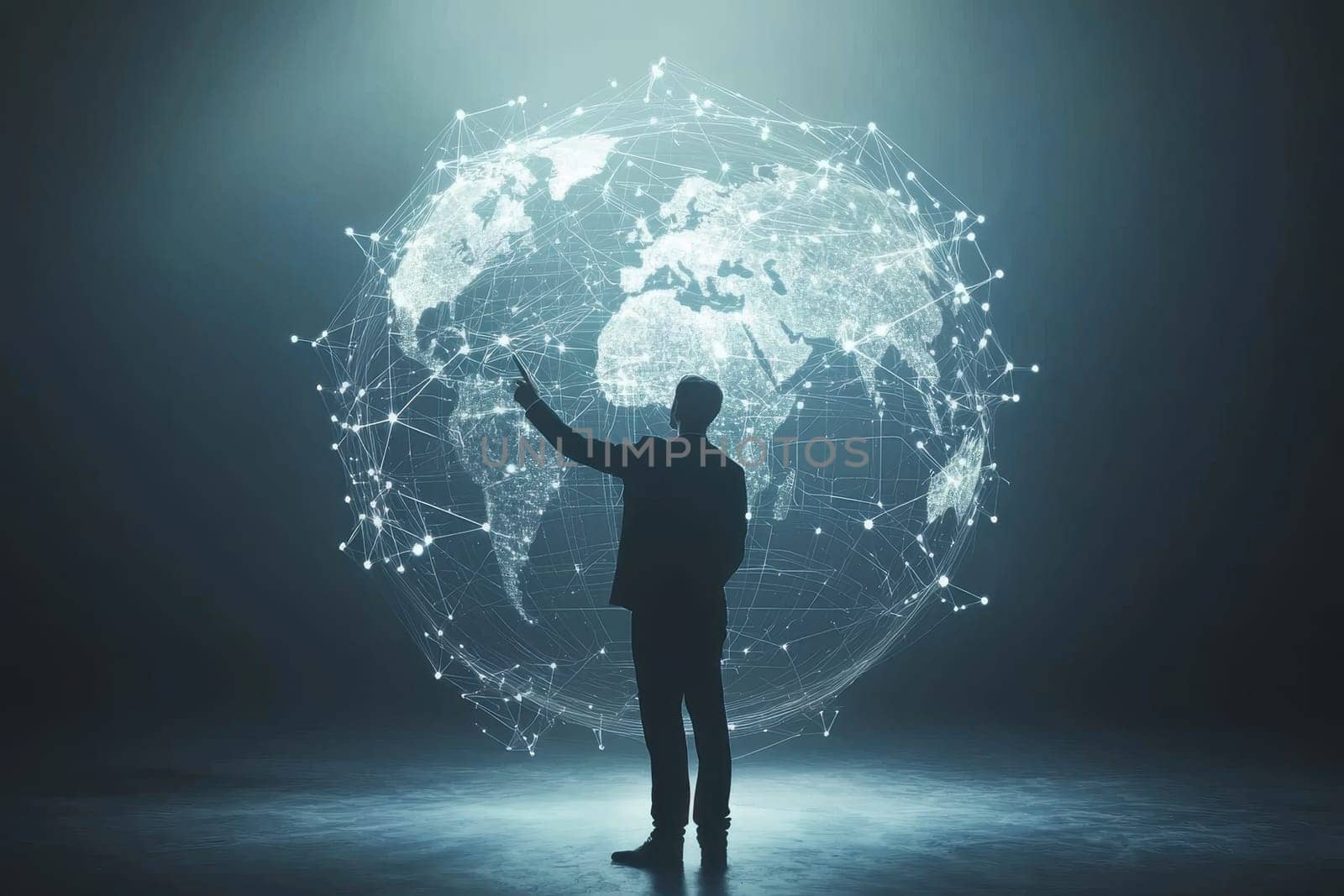 A businessman interacts with a glowing digital globe, showcasing global connections and advanced technology concepts in a modern business environment.
