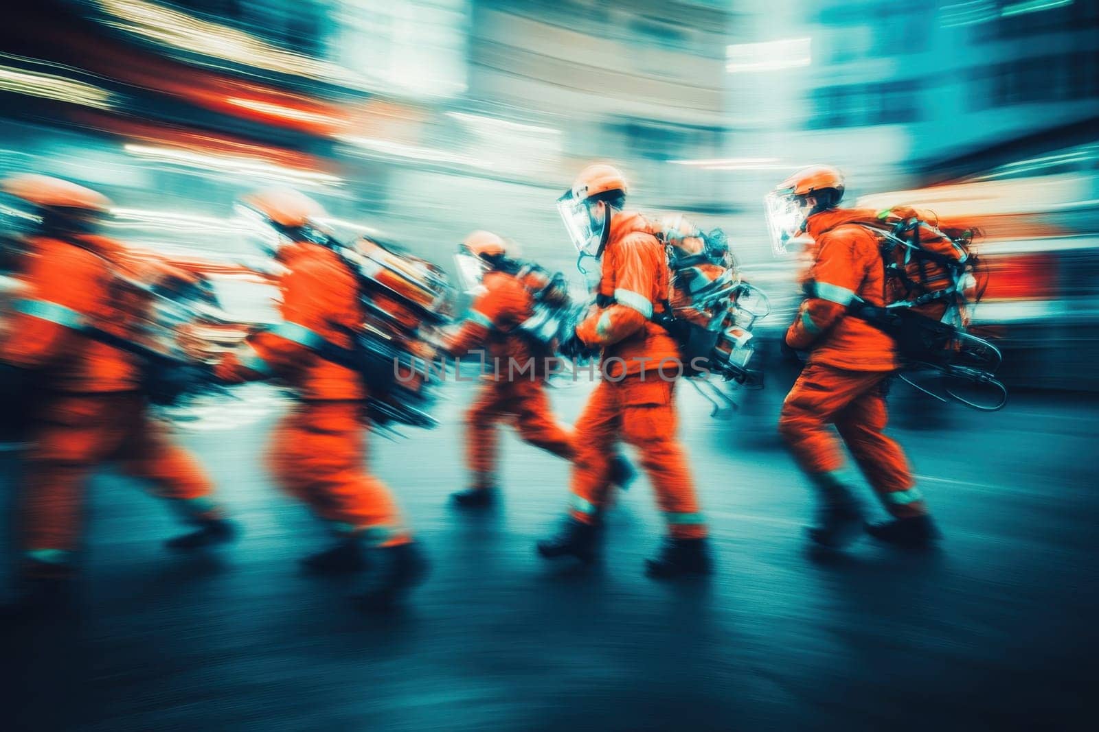 A group of dedicated firefighters in bright uniforms and gear rushes through a blurred city street during an emergency response, showcasing teamwork and urgency.