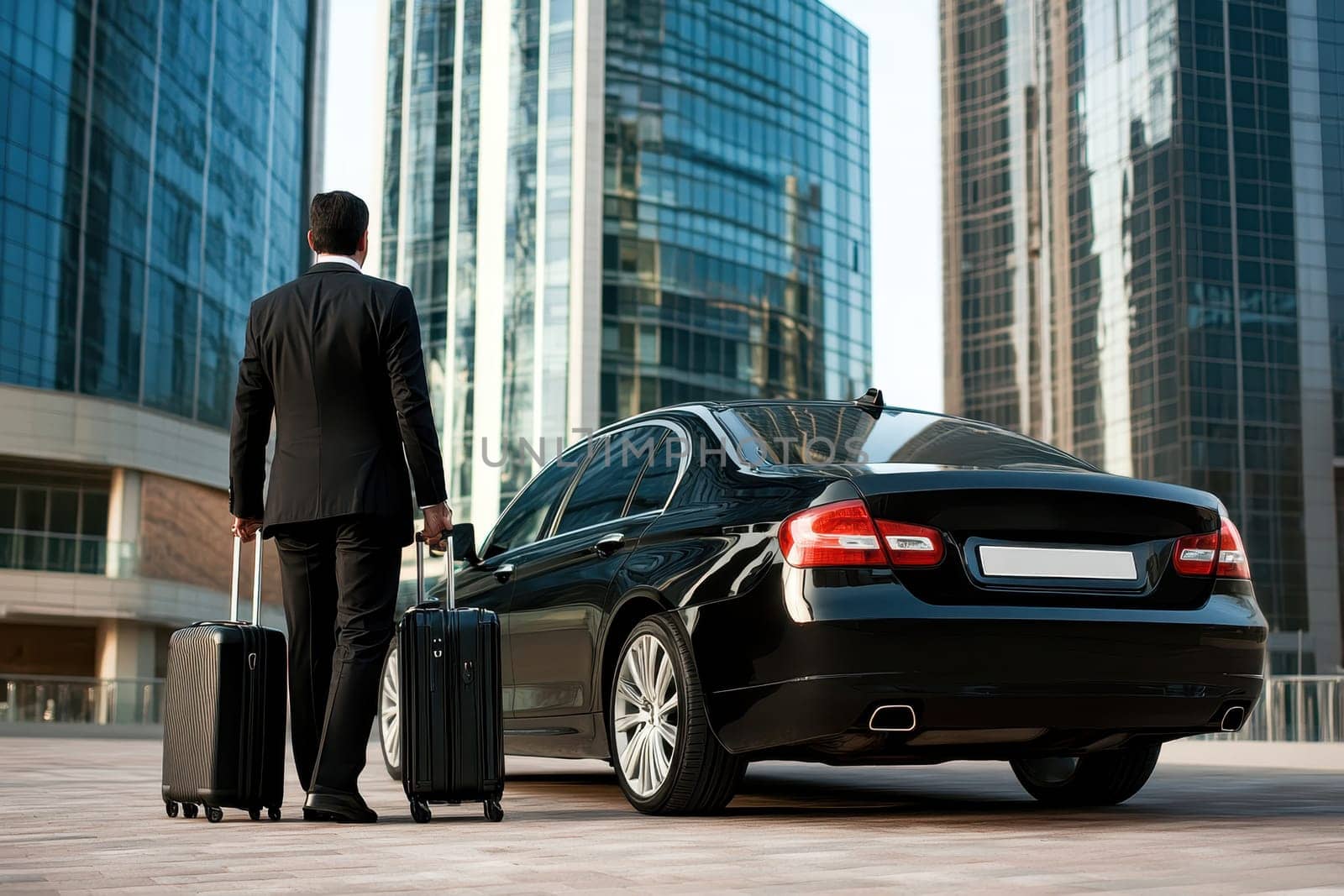 A businessman stands confidently with suitcases in hand, approaching a sleek black luxury car amidst urban skyscrapers, symbolizing corporate success and modern travel.