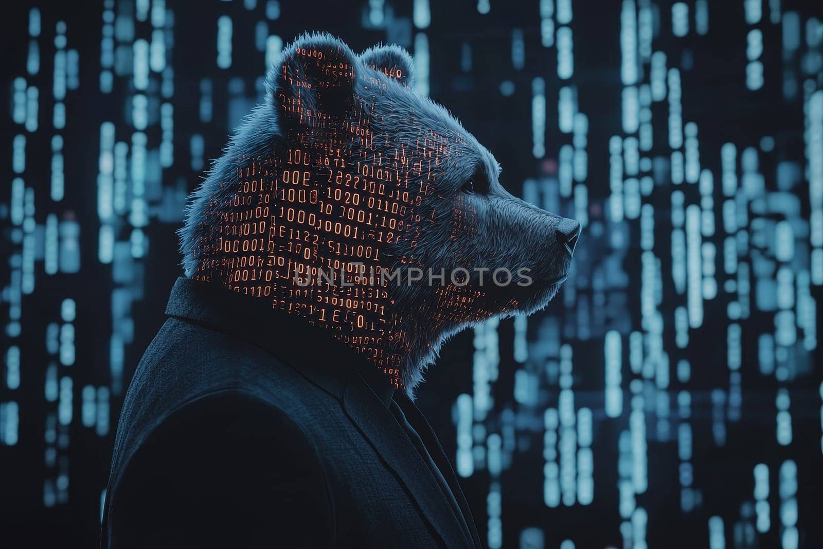 A striking illustration of a bear in a suit with a digital matrix effect, merging nature with technology to create a unique cybernetic aesthetic.