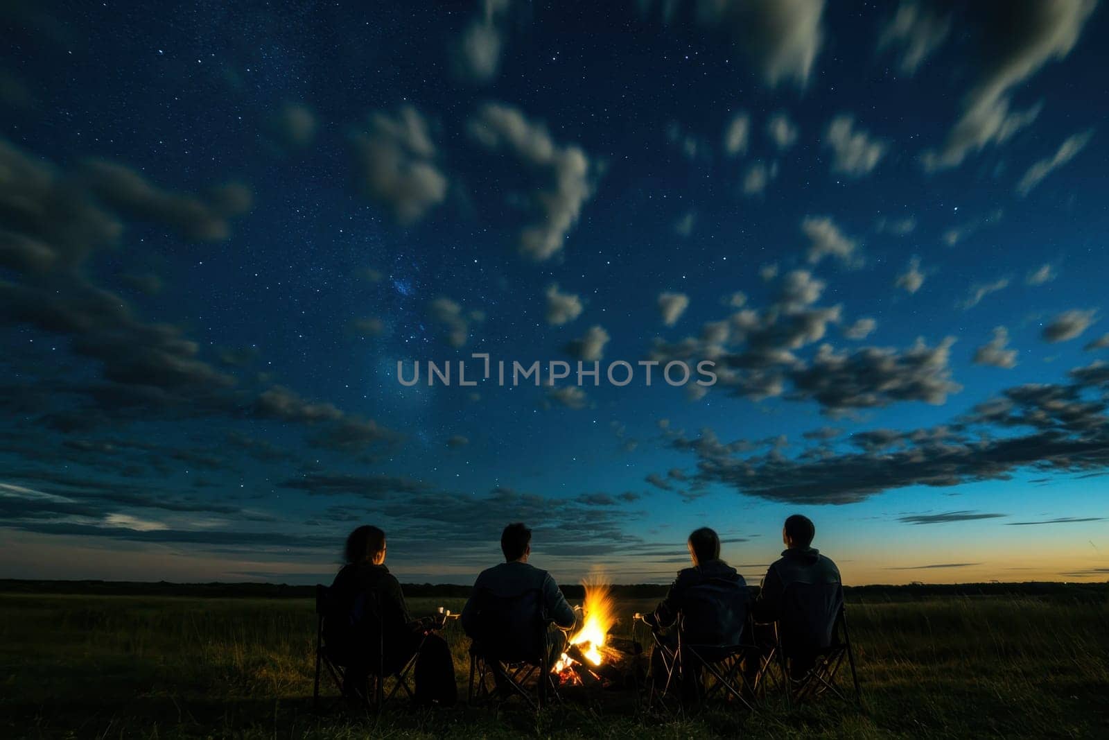 Friends sit around a glowing campfire under a beautifully lit night sky filled with stars and clouds, enjoying each other's company in nature.