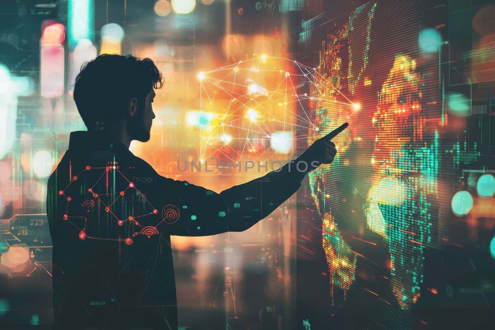 A silhouette of a person engaging with a digital map, visual data, and connections in a vibrant urban environment, highlighting technology and innovation.