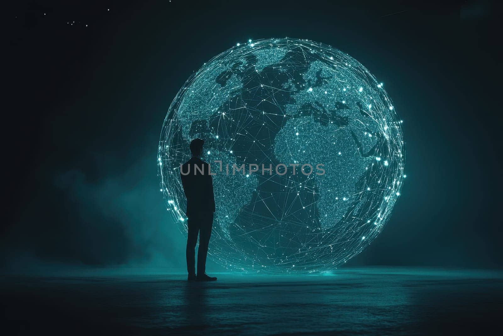 A silhouette of a person stands before a glowing digital globe, showcasing global connectivity and data. The scene captures the essence of modern technology and innovation.