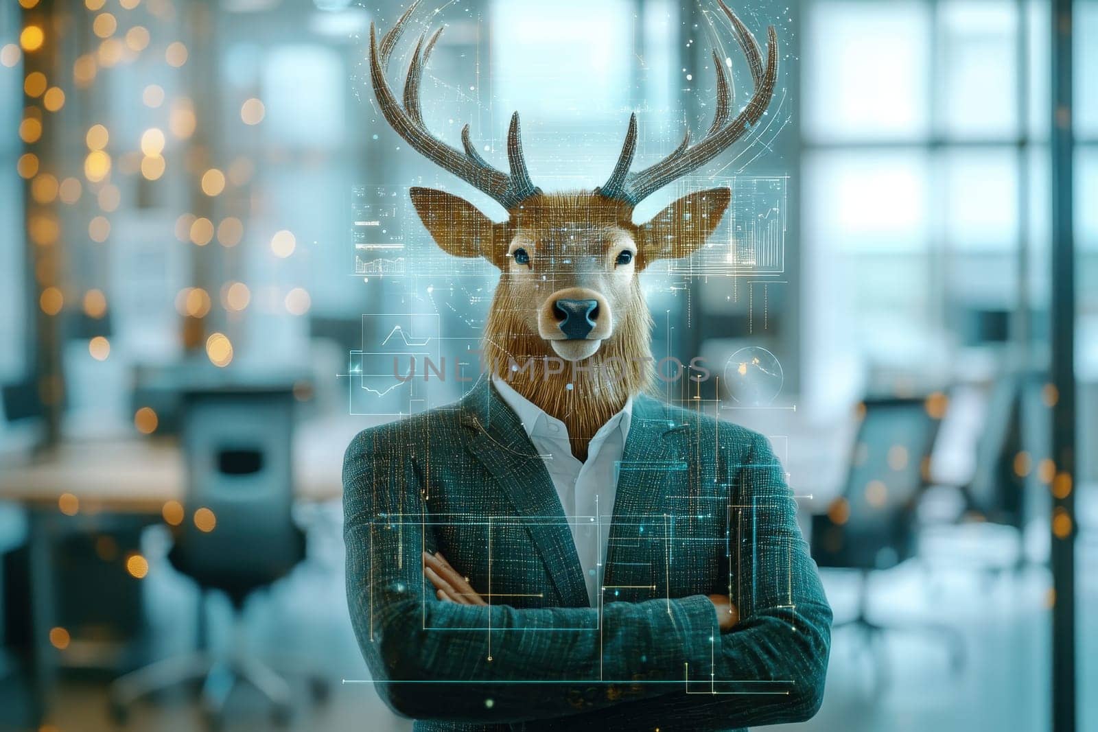 A striking image of a businessman with a deer head set in a modern office, blending nature and corporate aesthetics. Ideal for creative projects.
