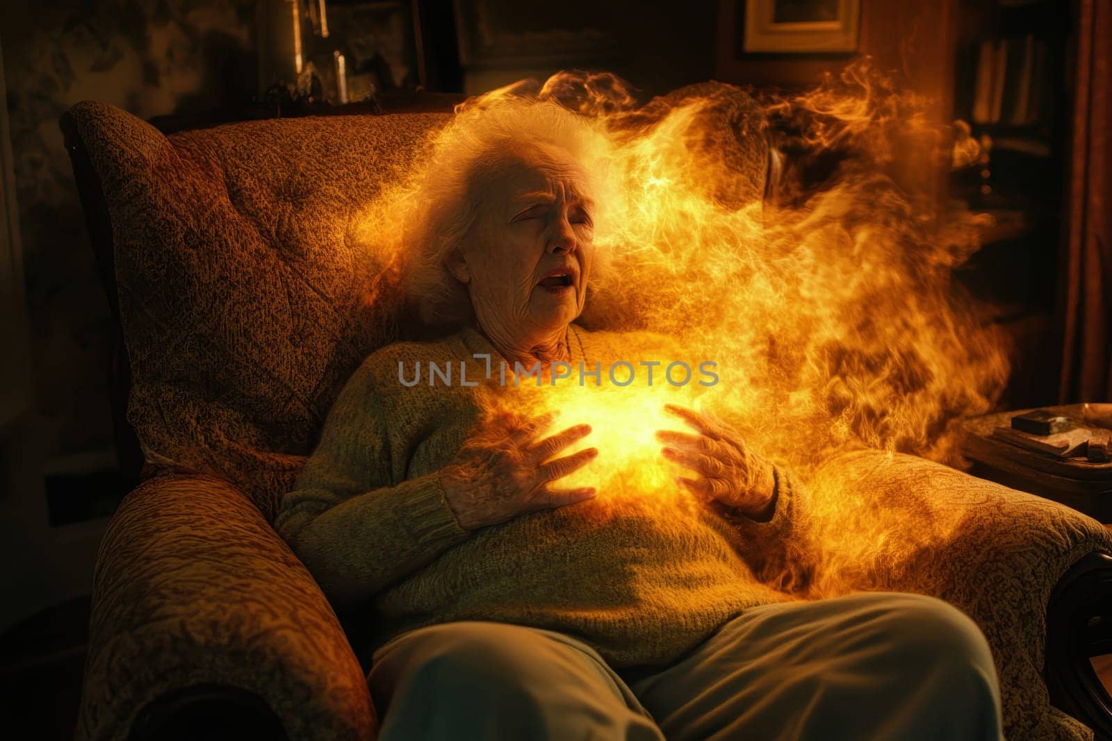 An elderly person sits in a cozy living room armchair experiencing a surreal energy surge, surrounded by a warm glow. The scene evokes emotions and curiosity.