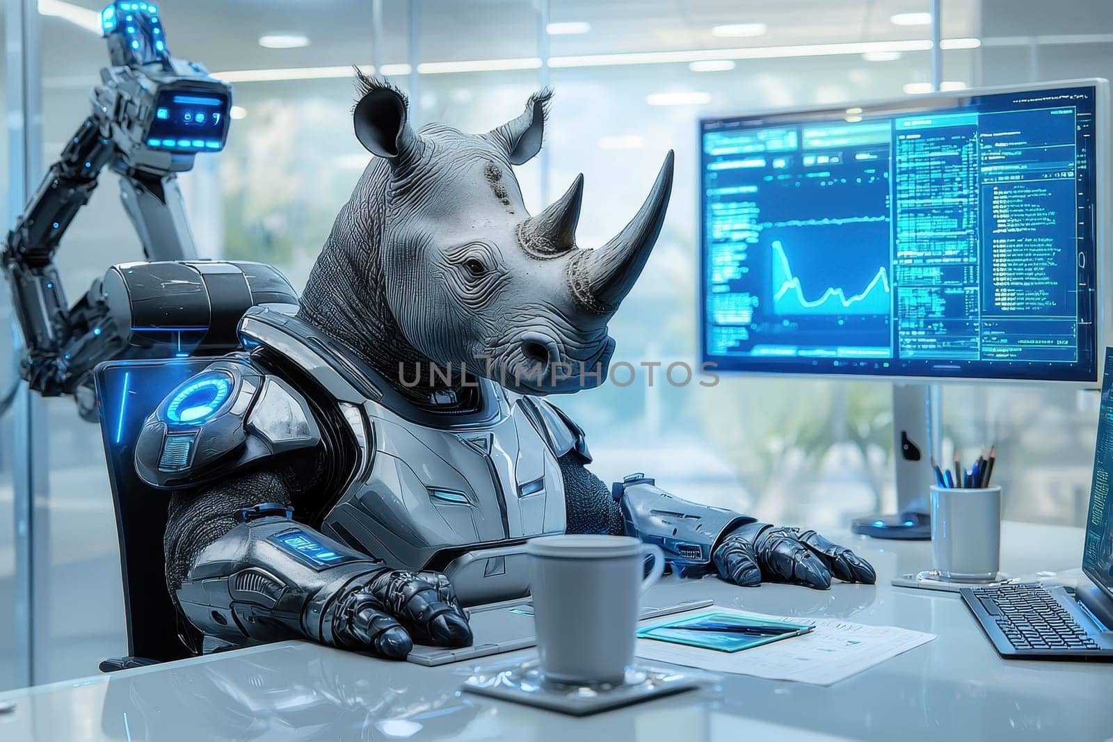 A remarkable fusion of nature and technology, this image features a rhinoceros robot sitting at a modern office desk, analyzing data on futuristic monitors.