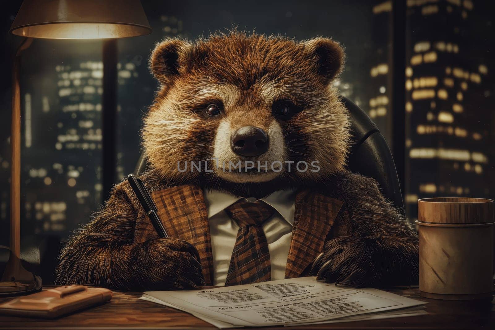 A charming bear dressed in a suit and tie sits at a desk in an office setting, looking serious while holding a pen. The warm lighting contrasts with the nighttime cityscape.