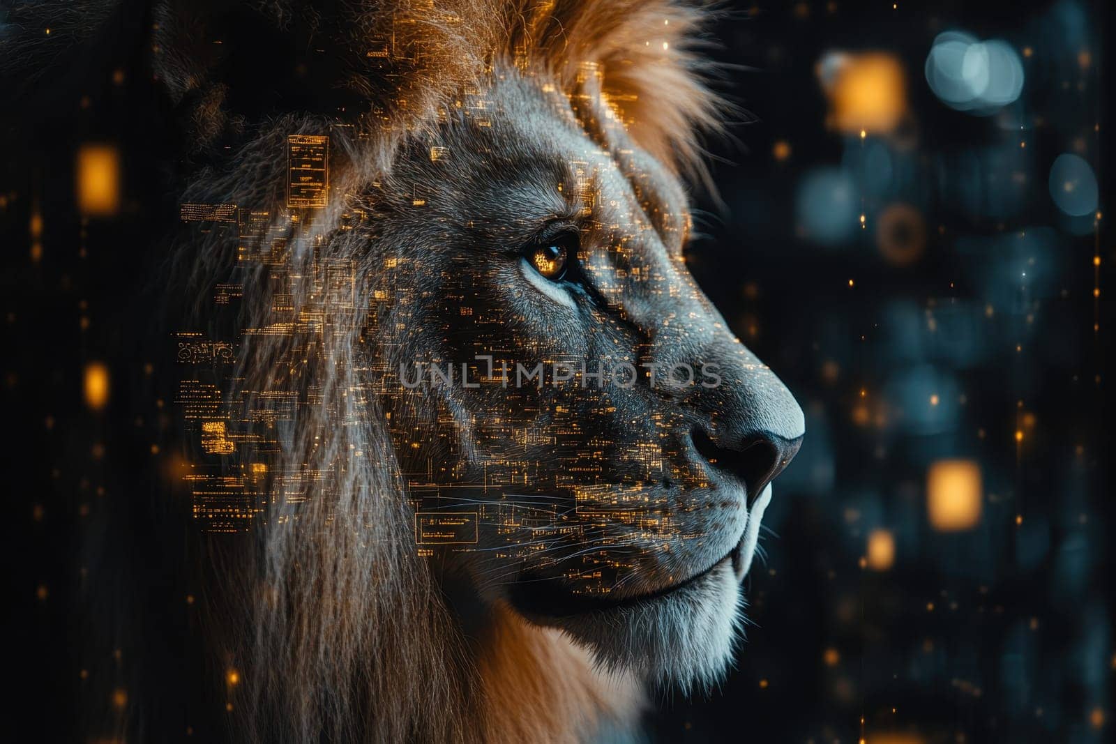 A captivating profile of a lion showcases its majestic features with a creative overlay of digital patterns. This artful representation symbolizes the connection between nature and technology.