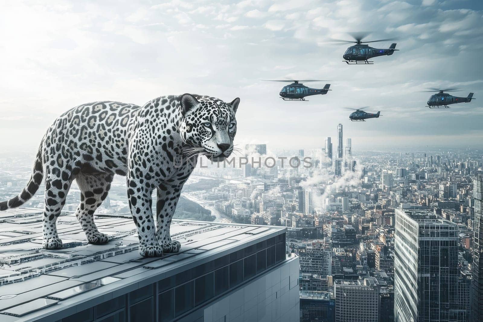 A striking scene featuring a majestic leopard poised on a skyscraper rooftop, with helicopters flying overhead, blending urban life and wildlife in a surreal moment.