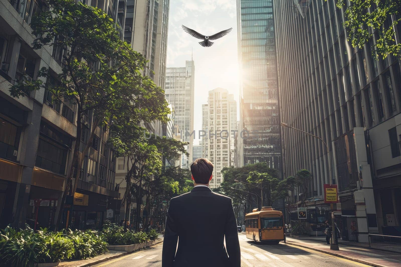 A businessman stands in a serene city street, gazing upwards at a bird soaring above, symbolizing freedom and aspiration in a bustling urban environment.