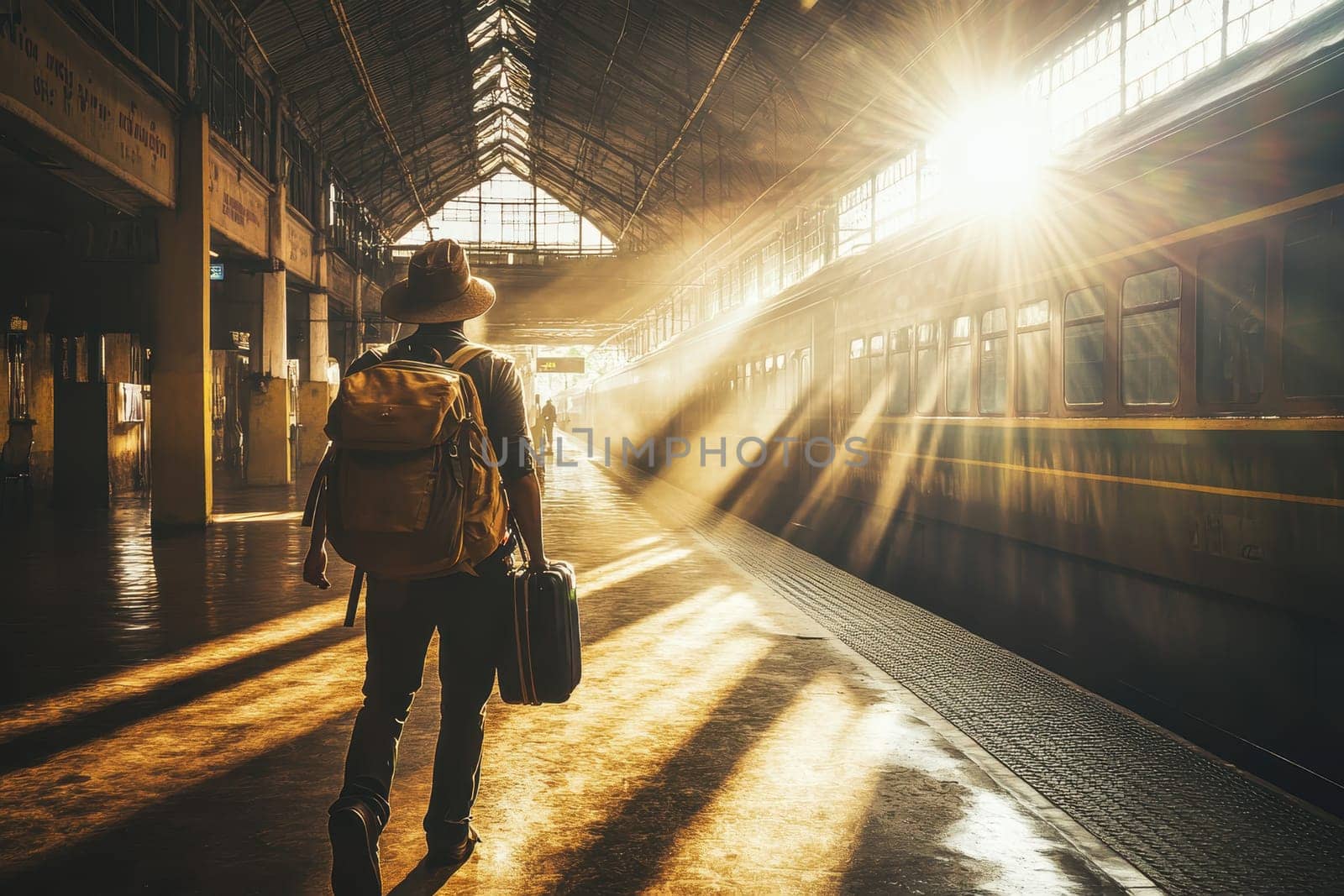 A lone traveler walks through a sunlit train station, with rays of light casting dramatic shadows. The scene captures the essence of adventure and exploration.