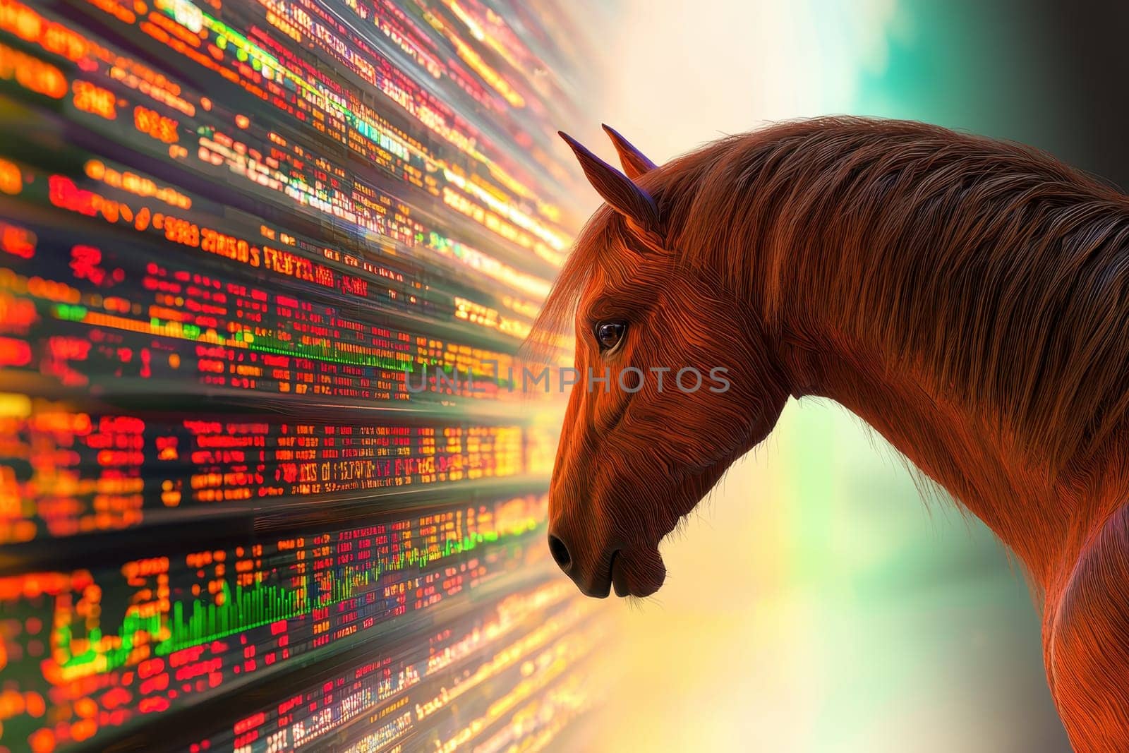 Stunning horse profile against a vivid backdrop of colorful abstract data streams, merging the beauty of nature with the essence of technology and information.