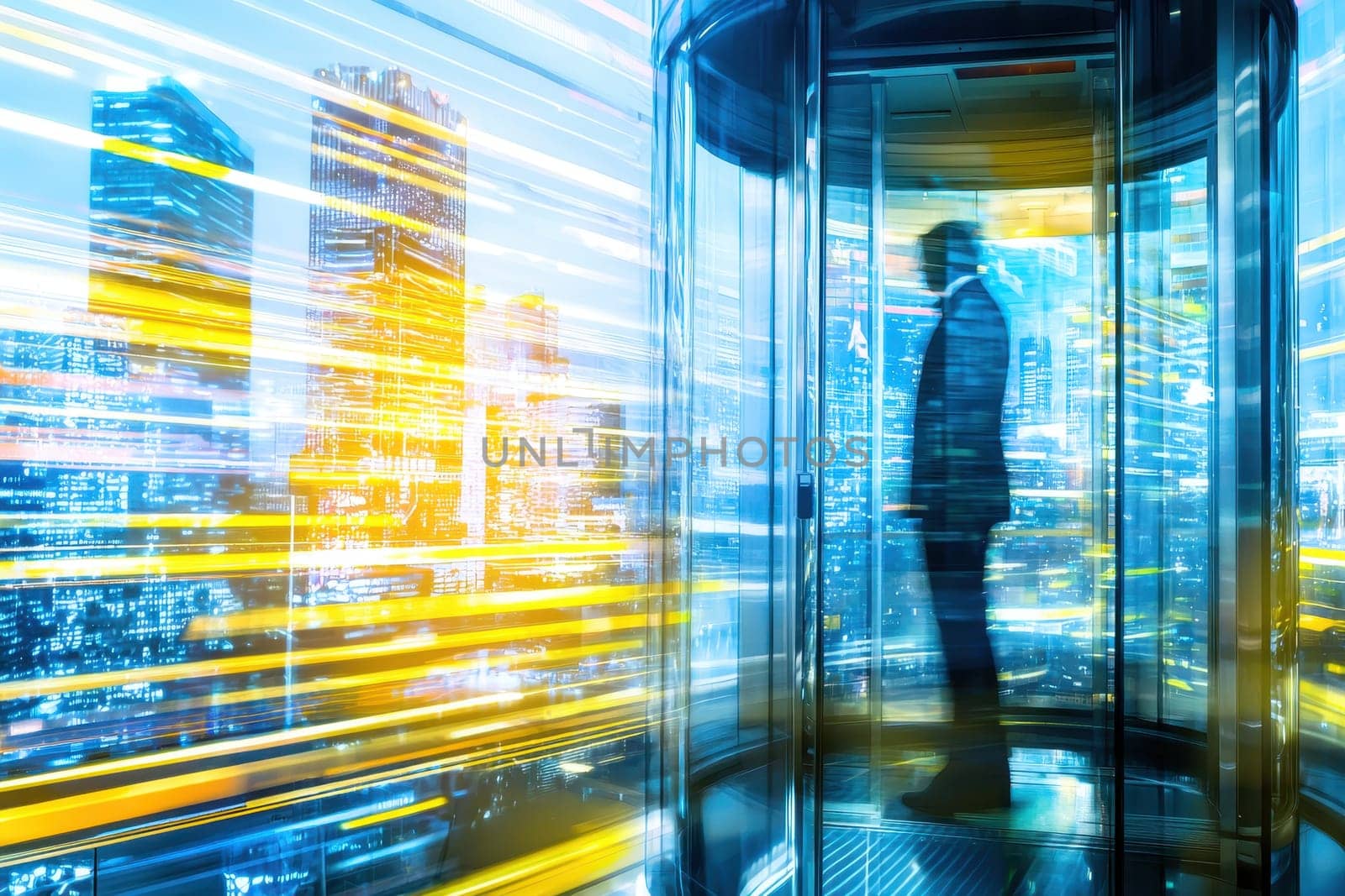 A businessman stands in an elevator, surrounded by a vibrant urban backdrop featuring a cityscape in motion. The scene captures a blend of modern architecture and quick movement.