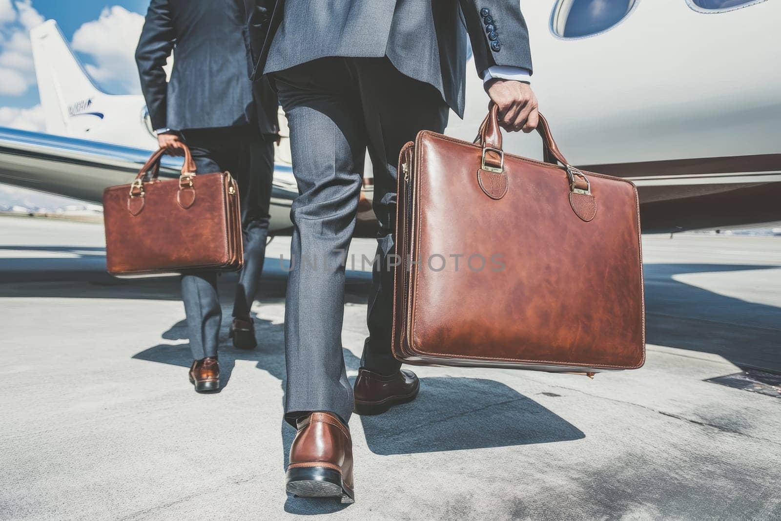 Two businessmen in suits walk confidently towards a private jet while carrying stylish leather briefcases, showcasing professionalism and luxury travel.