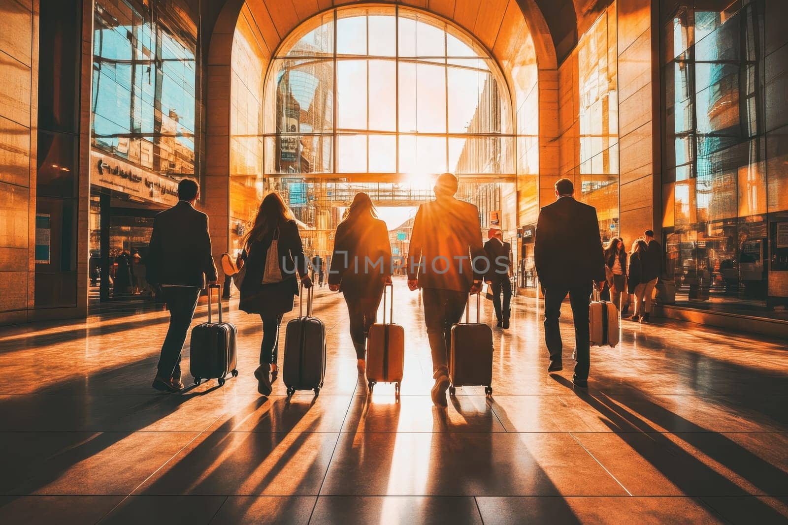 A group of travelers with luggage silhouetted against the warm glow of sunset at a modern terminal, conveying a sense of journey and anticipation.