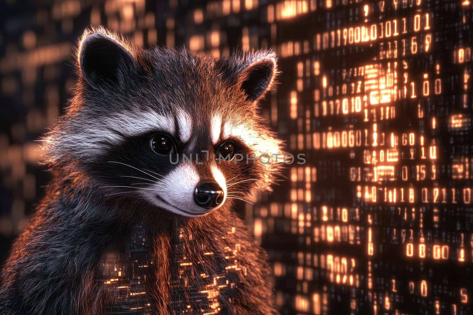 This captivating image features a raccoon against a backdrop of glowing binary code. The blend of wildlife and technology creates a unique and imaginative concept.
