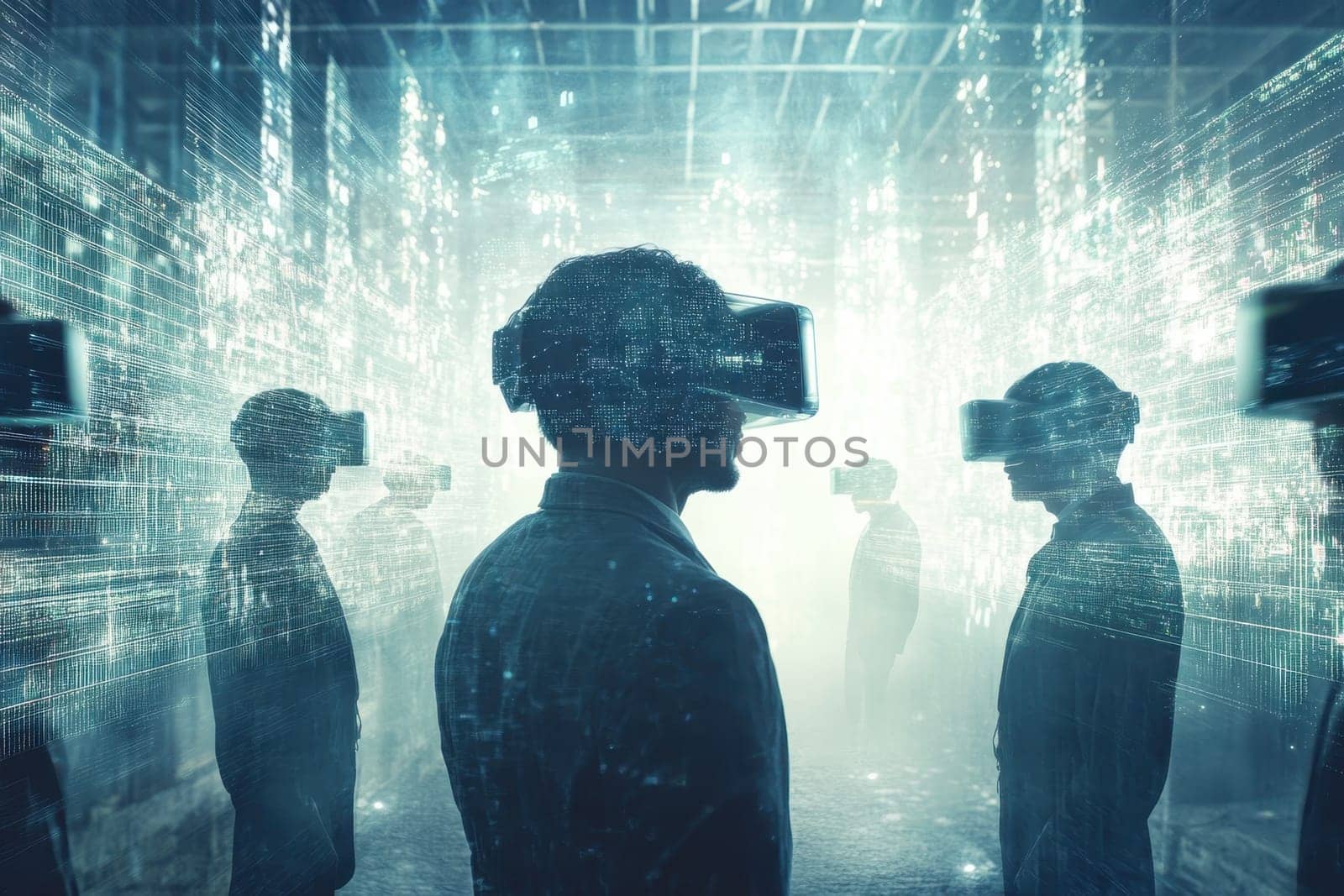 Participants engage in an immersive virtual reality experience within a futuristic environment, showcasing the intersection of technology and human interaction.