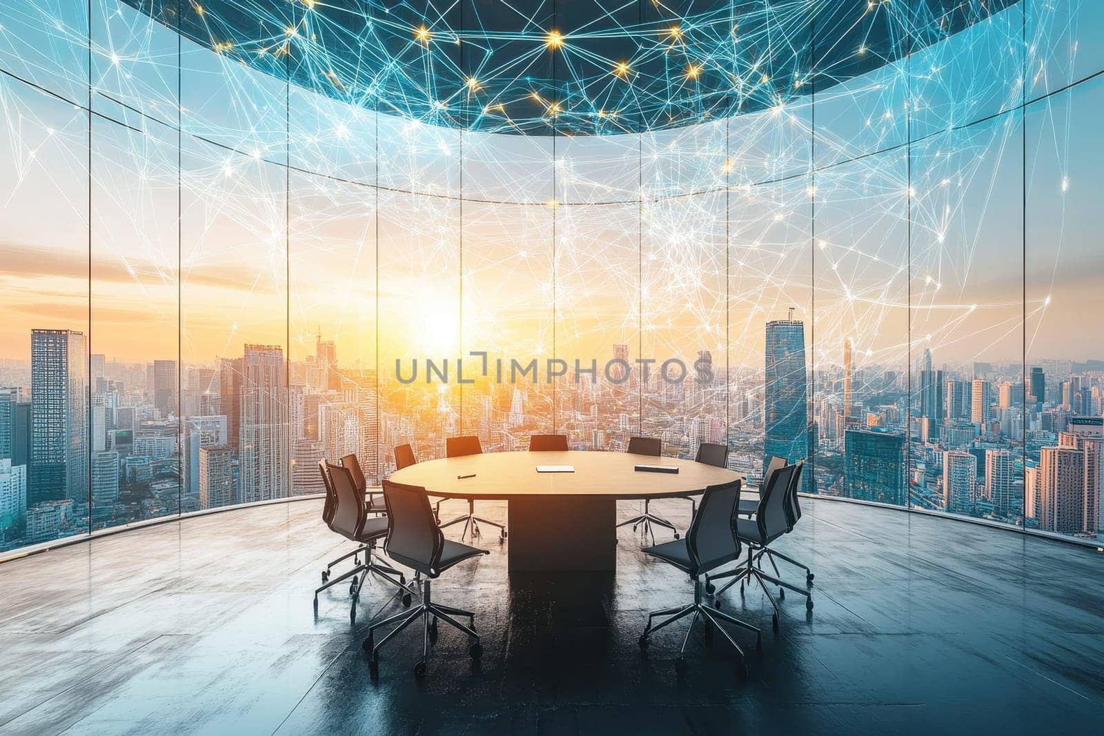 A modern conference room features a stunning city skyline backdrop at sunset. The design emphasizes glass walls and innovative technology, creating an inspiring workspace.