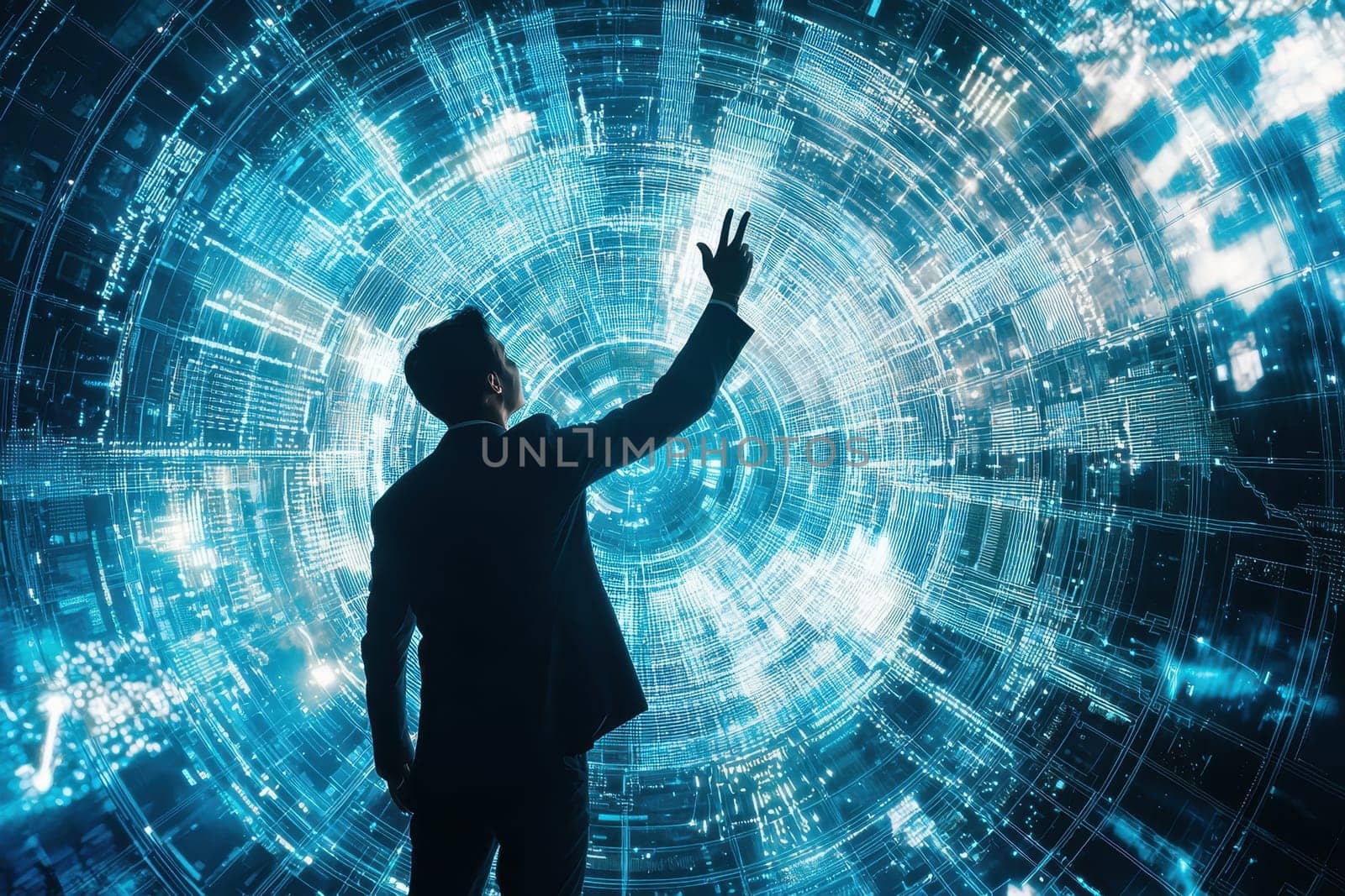 A businessman interacts with a vibrant digital interface, representing futuristic technology and data interaction. This visual captures innovation and modern business concepts.