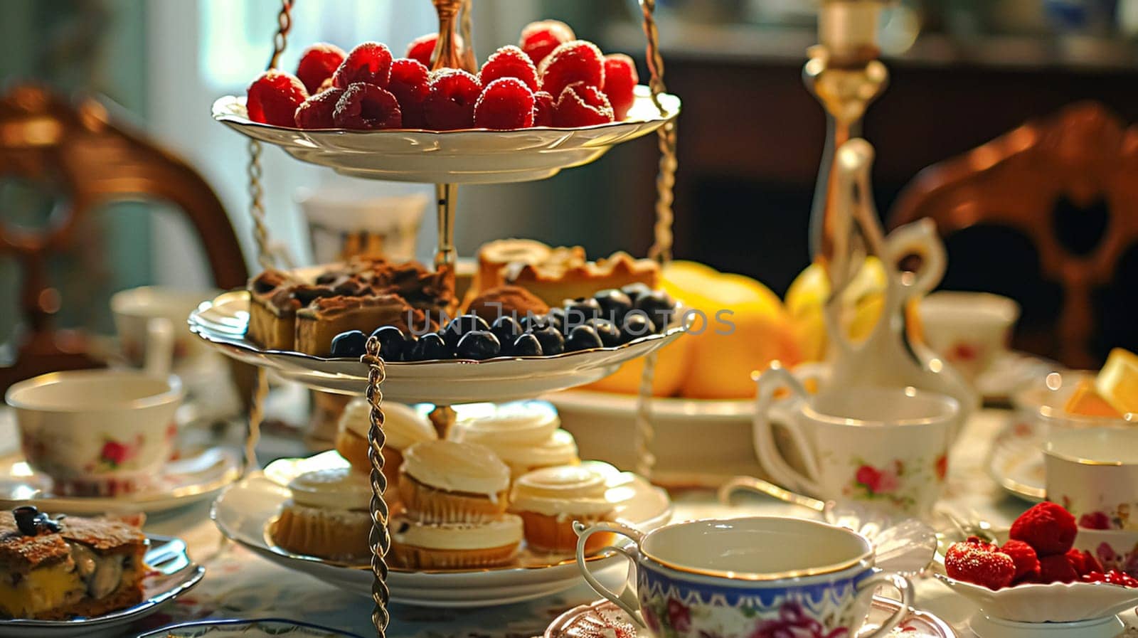 Elegant table setting for tea party with cakes and cupcakes in English manor. Selective focus. Vintage style