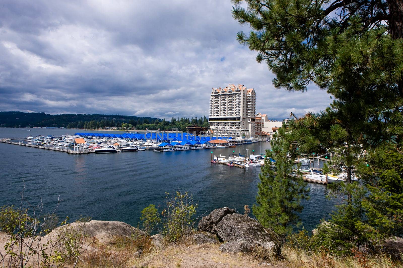 A view of a marina and part of downtown Coeur d'Alene taken from locally famous Tubbs Hill.