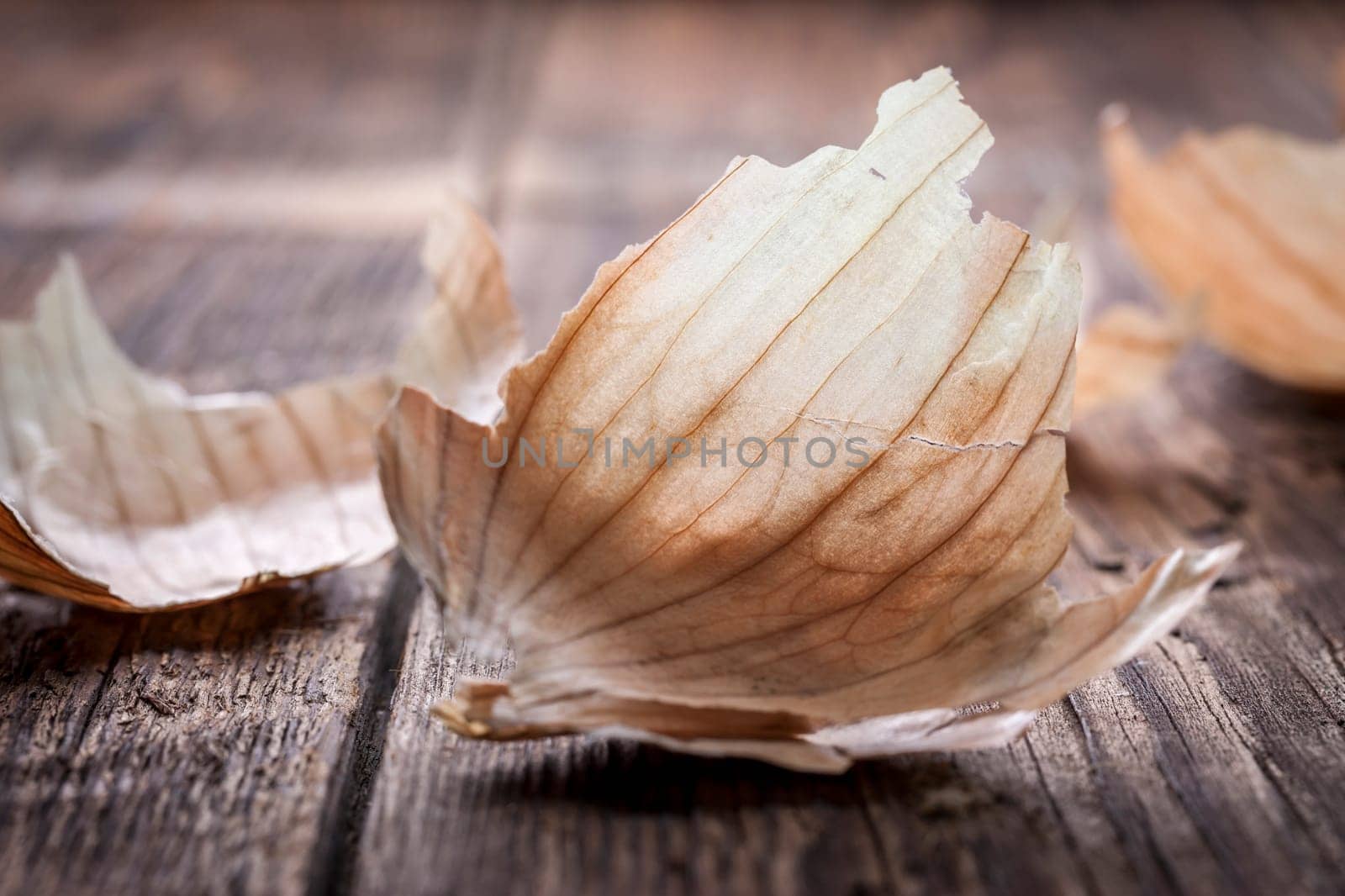 A close up of an onion peel on wood.