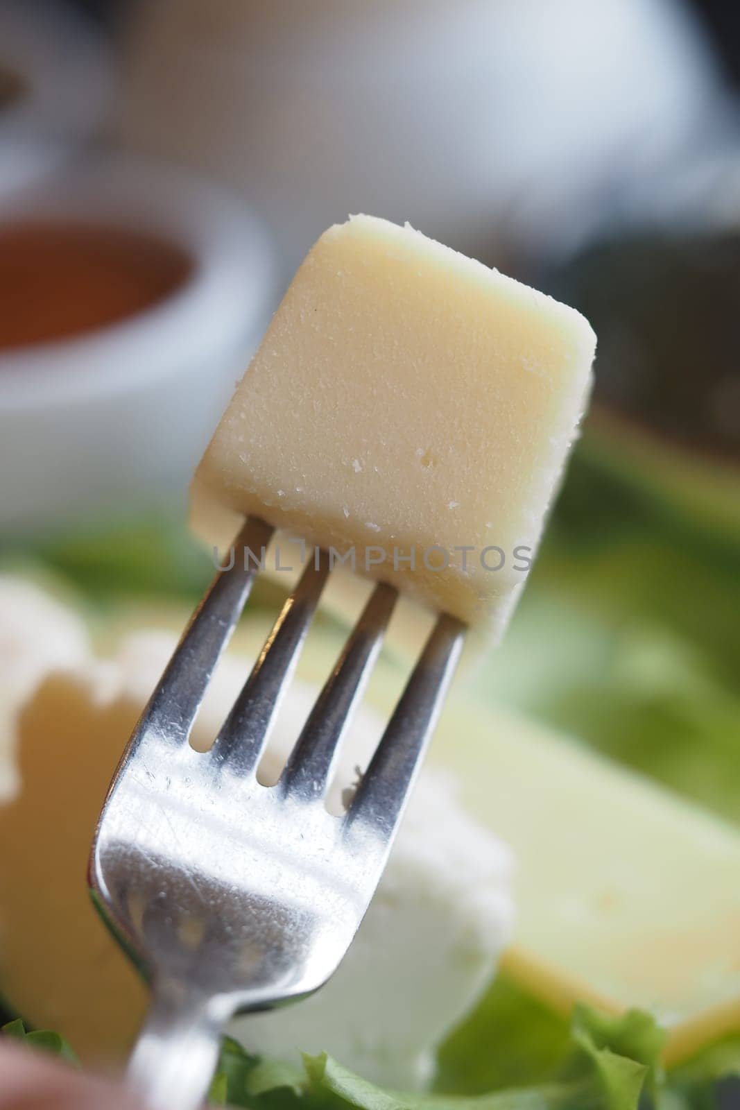 A fork holding a perfect cube of cheese presents a savory taste experience.