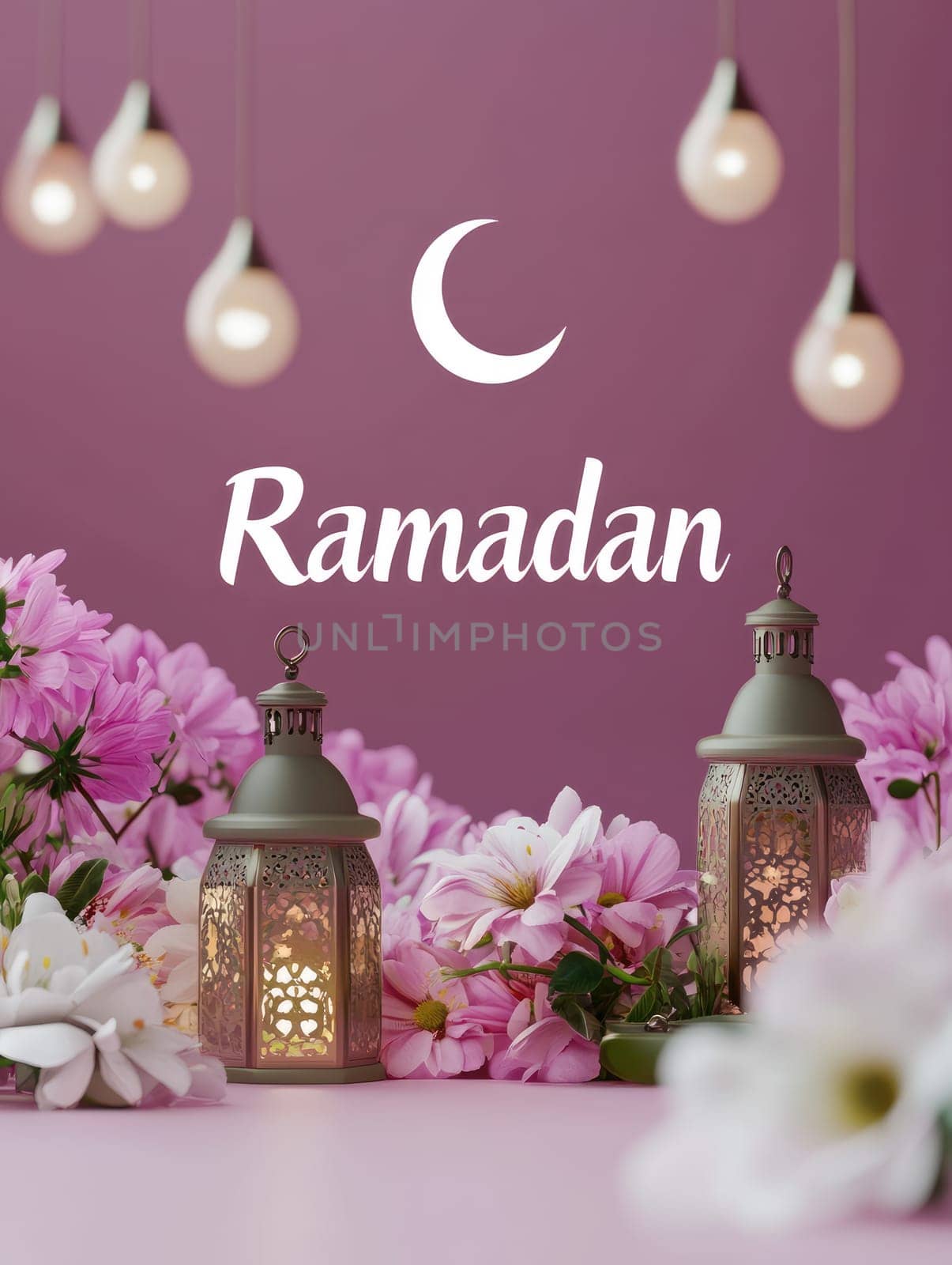 Elegant Ramadan design with lanterns and floral lavender background.