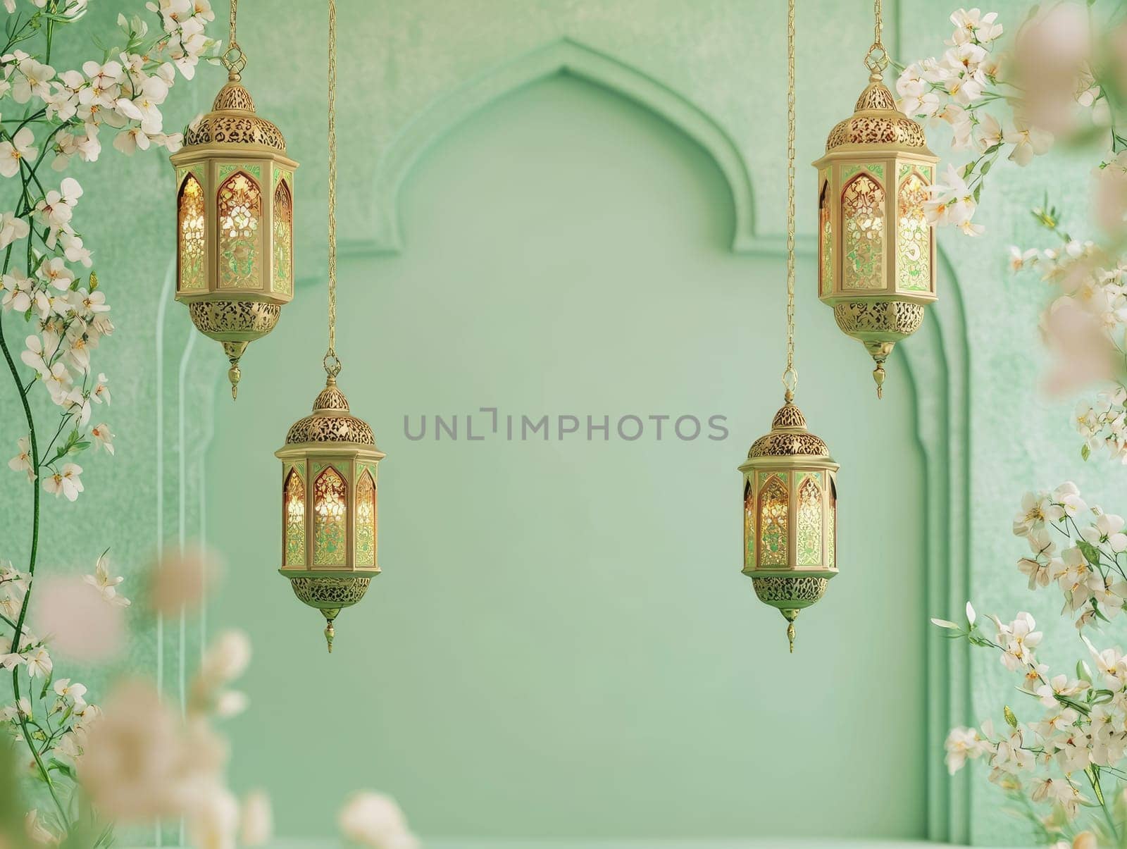 Elegant lanterns on soft pastel green background with delicate floral accents for festive decoration.