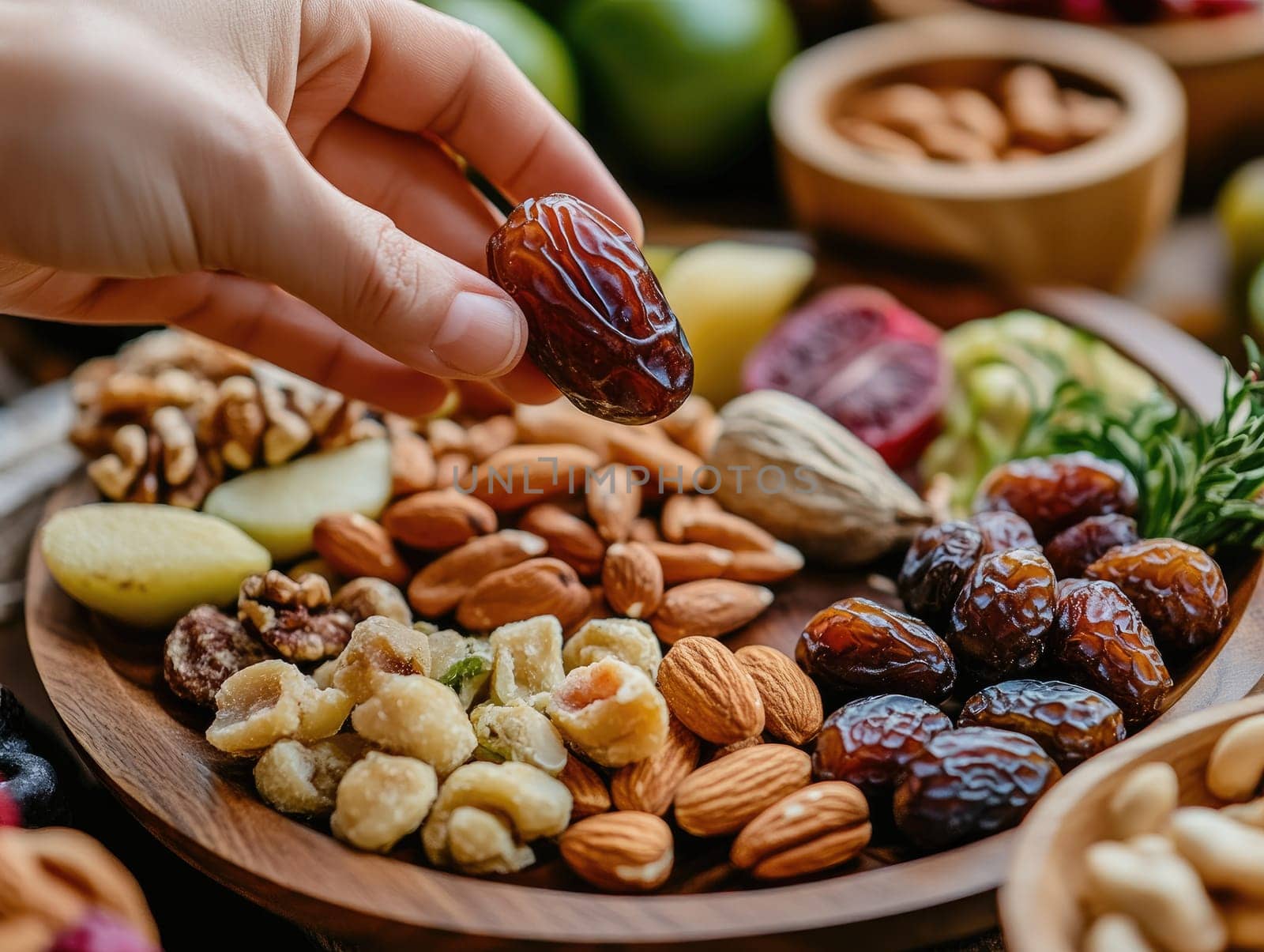Nutritious assortment of dates nuts and fresh fruit for healthy snacking and culinary inspiration.