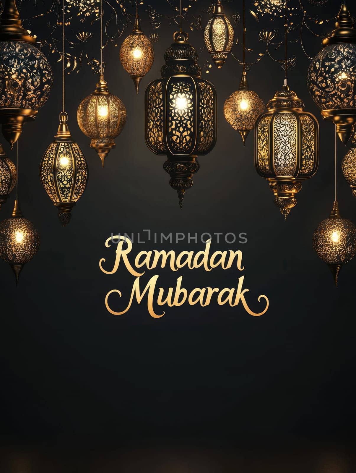 Elegant Ramadan Mubarak greeting with ornate lanterns on black background for festive celebration design.